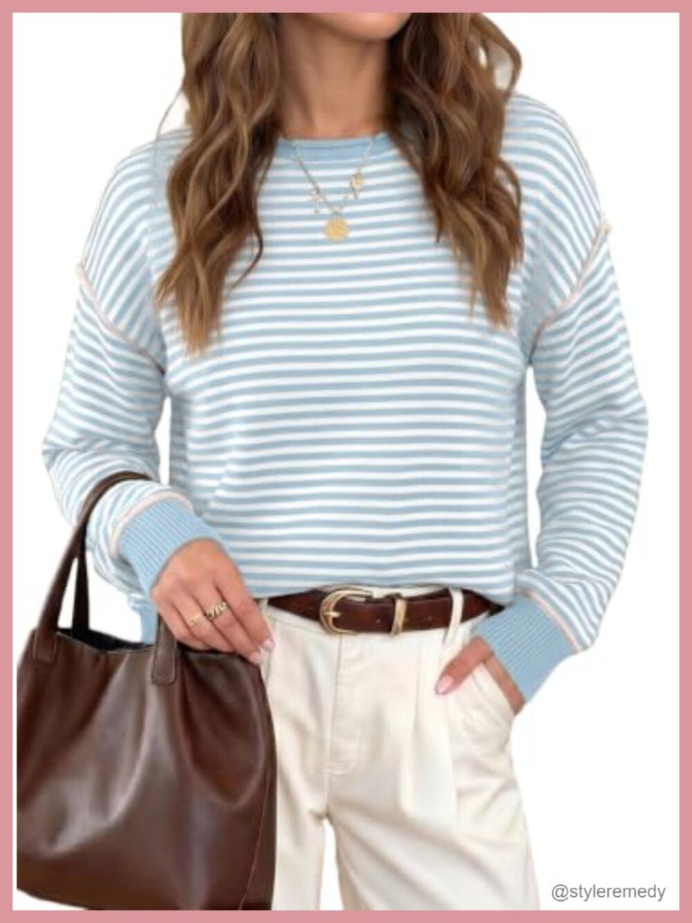 Oversized Striped Ribbed Knit Pullover Sweater Long Sleeve Crewneck